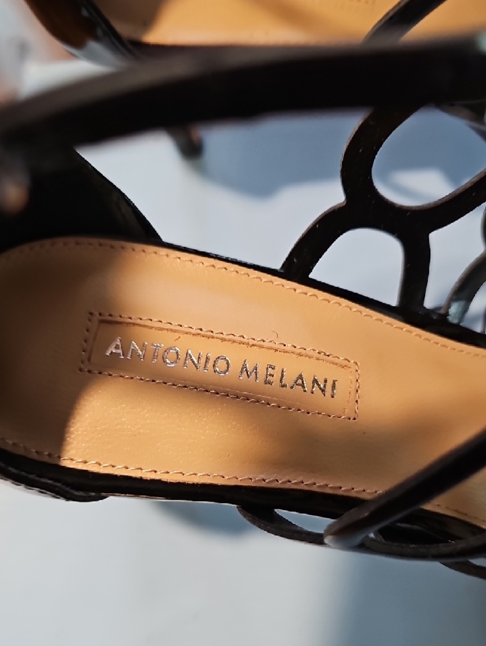 ANTONIO MELANI Black Patent Strappy Caged Heels - Picture 2 of 7
